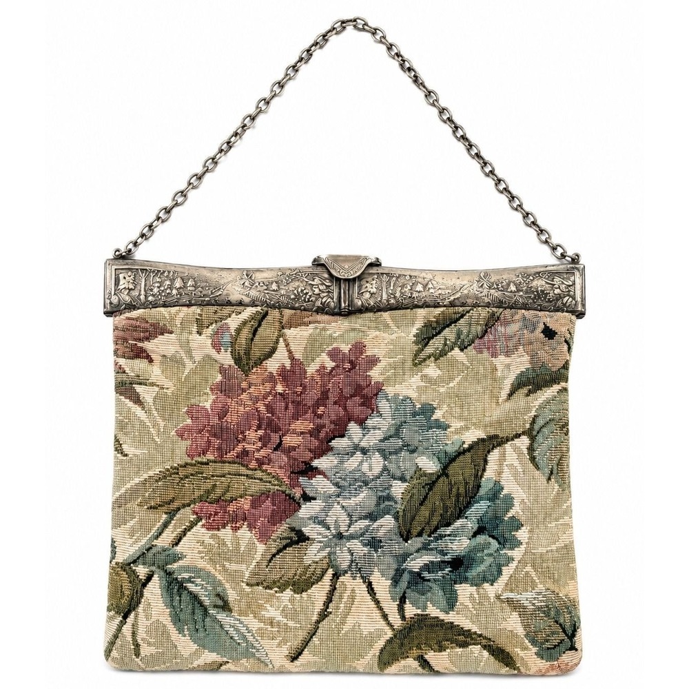 1940s Floral Tapestry Handbag Ornate Silver Frame Evening Bag Chain